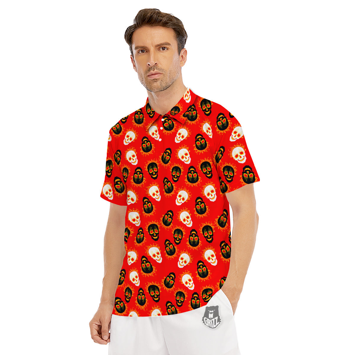 Skull Burning Print Pattern Men's Golf Shirts-grizzshop