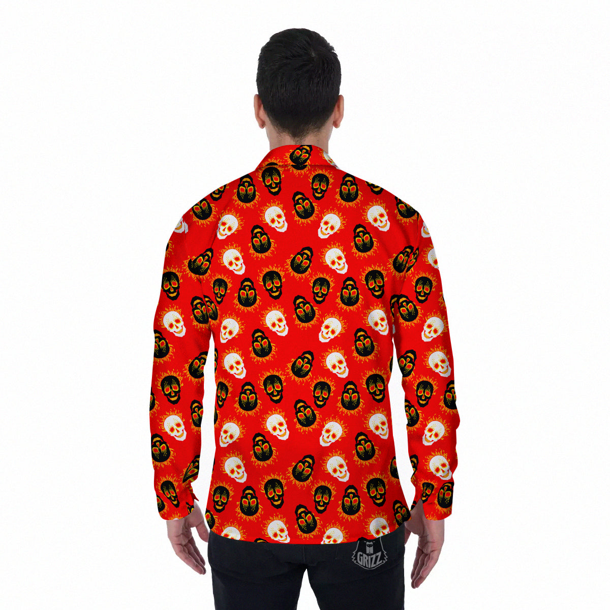 Skull Burning Print Pattern Men's Long Sleeve Shirts-grizzshop