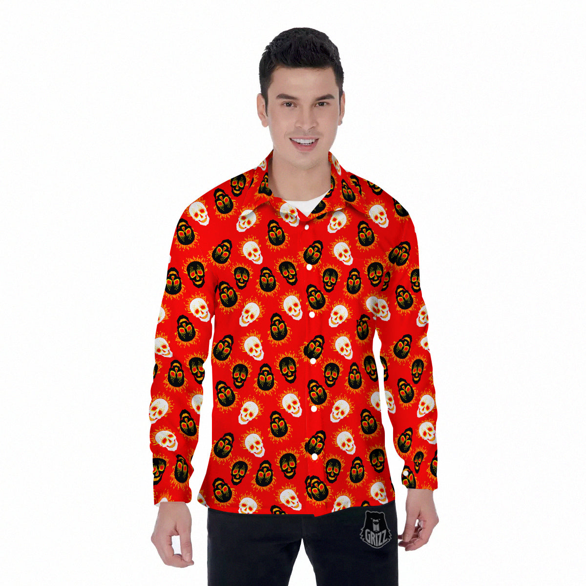 Skull Burning Print Pattern Men's Long Sleeve Shirts-grizzshop