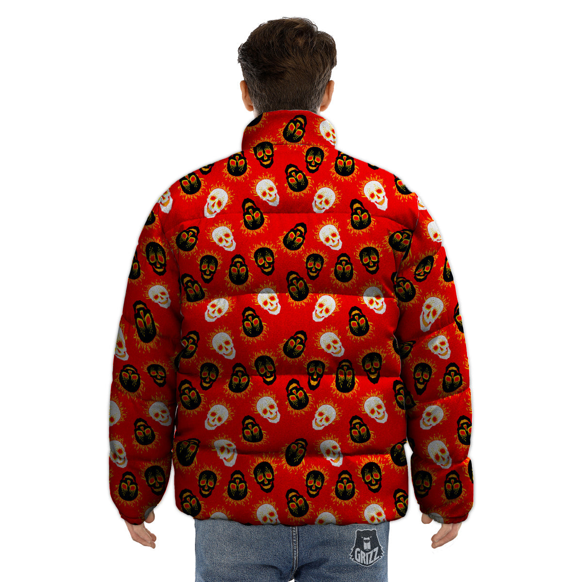 Skull Burning Print Pattern Puffer Jacket-grizzshop