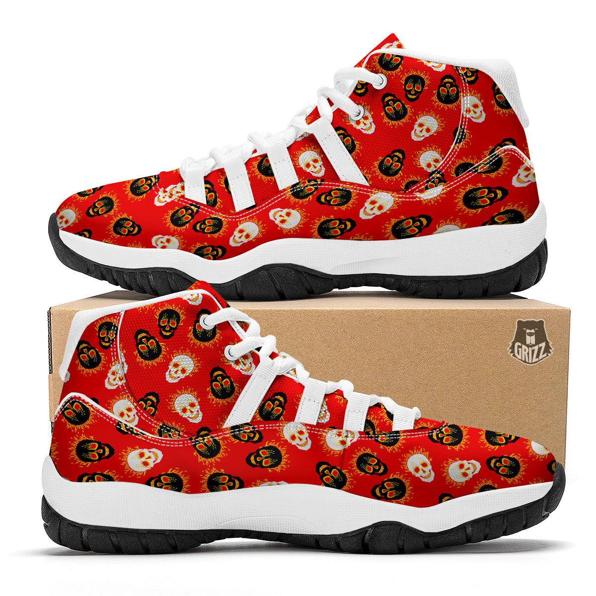 Skull Burning Print Pattern White Bball Shoes-grizzshop