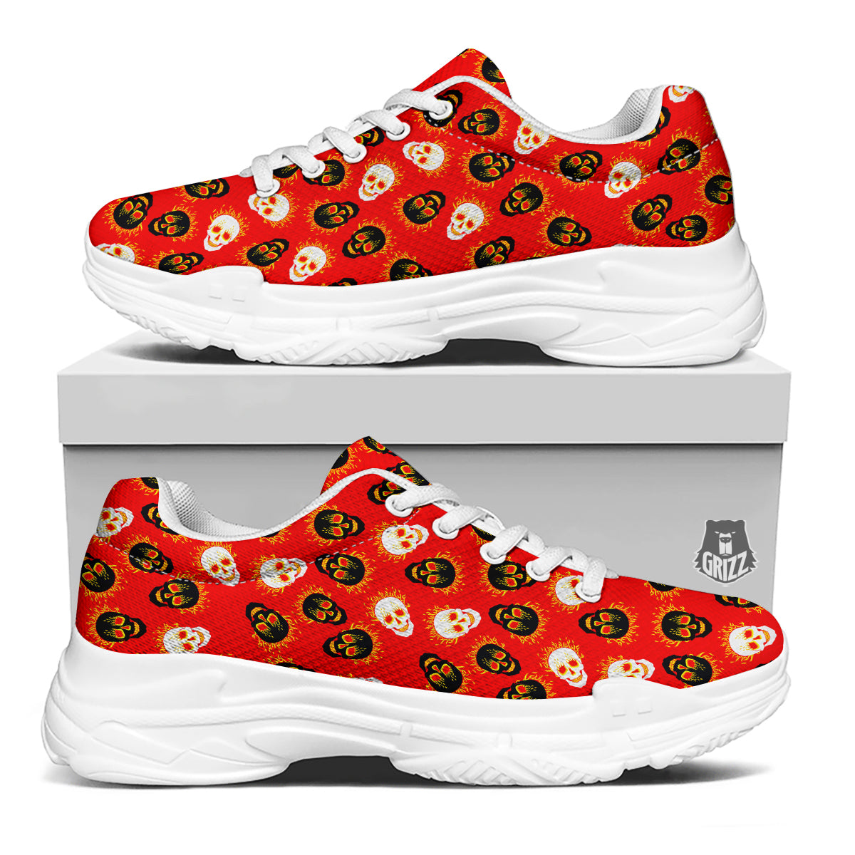 Skull Burning Print Pattern White Chunky Shoes-grizzshop