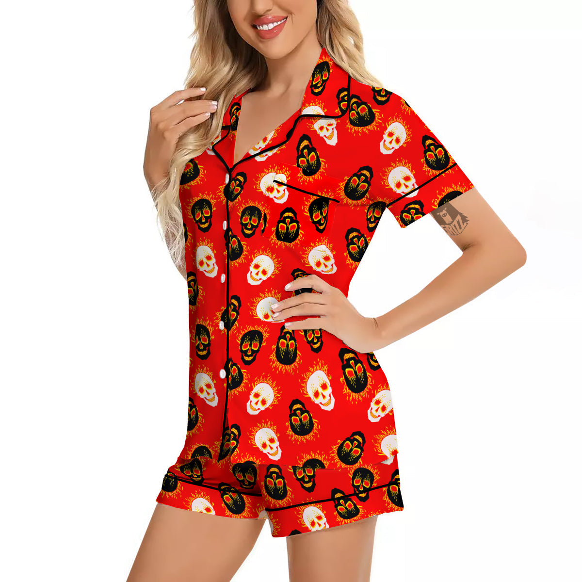 Skull Burning Print Pattern Women Silk Pajamas-grizzshop