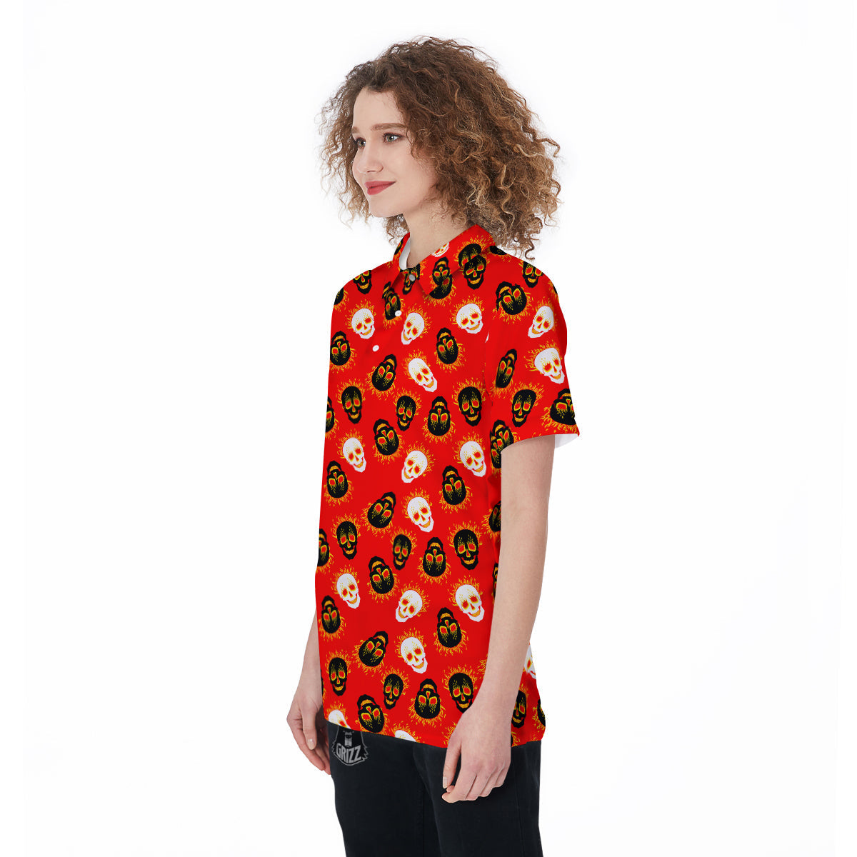 Skull Burning Print Pattern Women's Golf Shirts-grizzshop