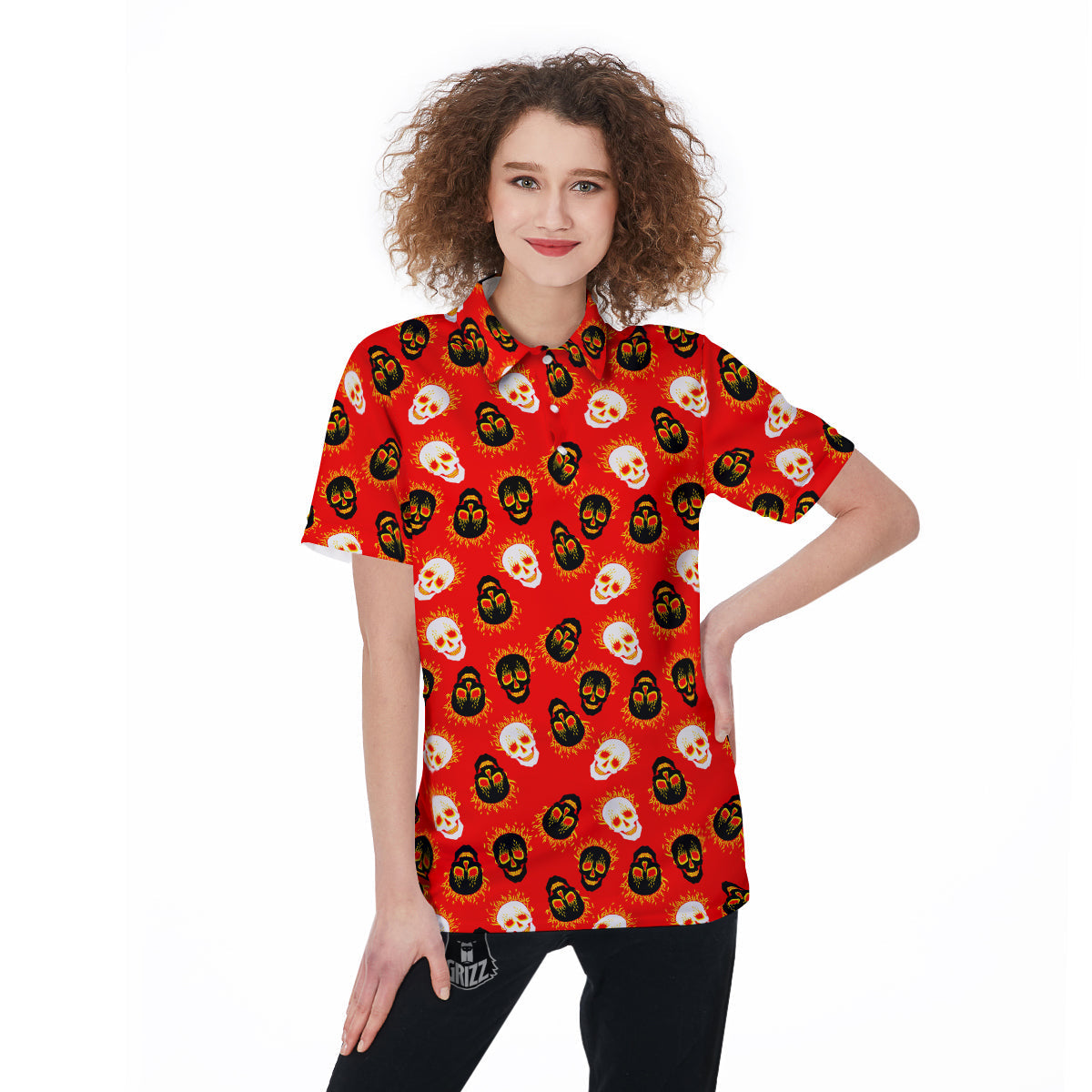 Skull Burning Print Pattern Women's Golf Shirts-grizzshop