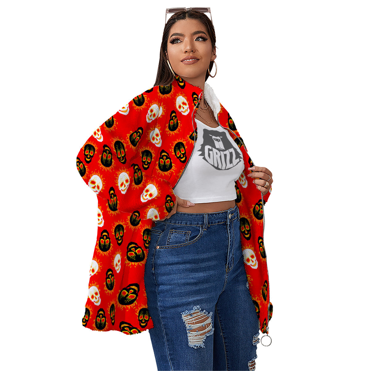 Skull Burning Print Pattern Women's Sherpa Jacket-grizzshop