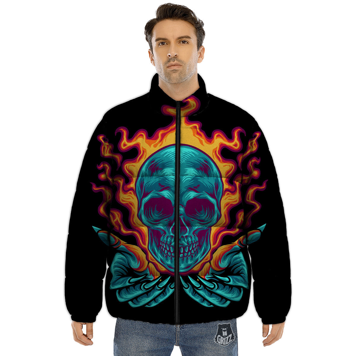 Skull Burning Print Puffer Jacket-grizzshop
