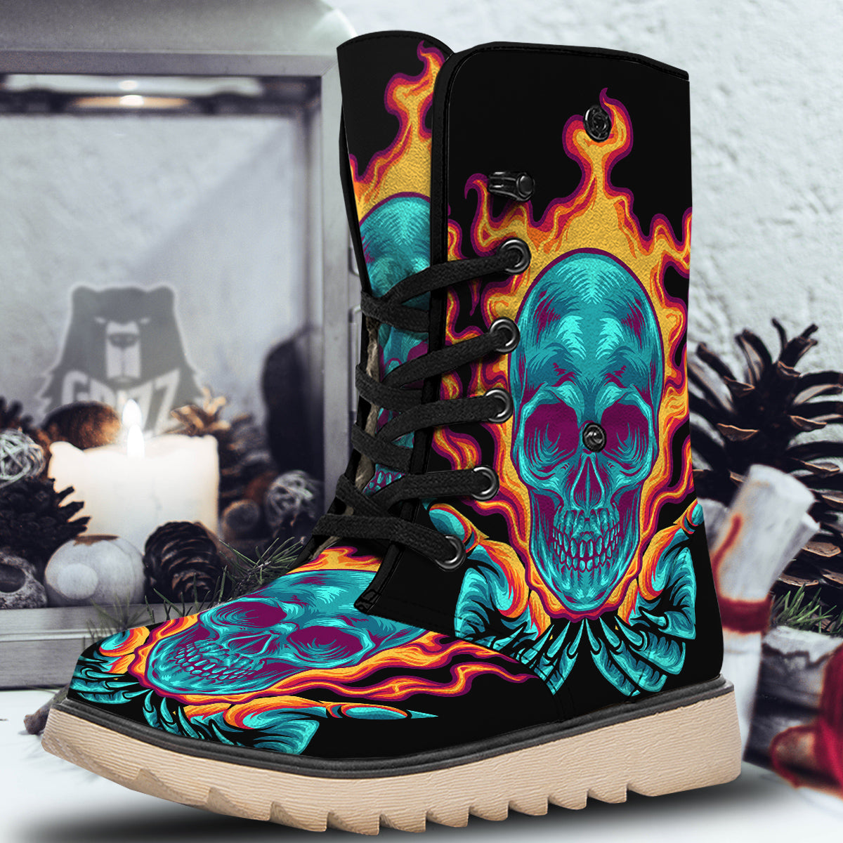 Skull Burning Print Snow Boots-grizzshop