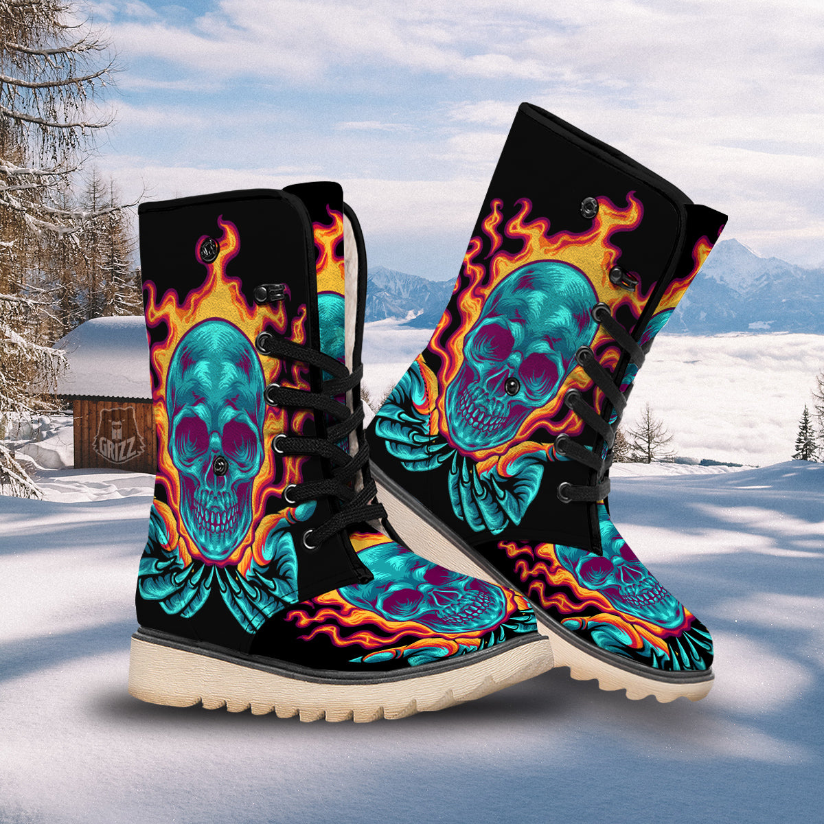 Skull Burning Print Snow Boots-grizzshop