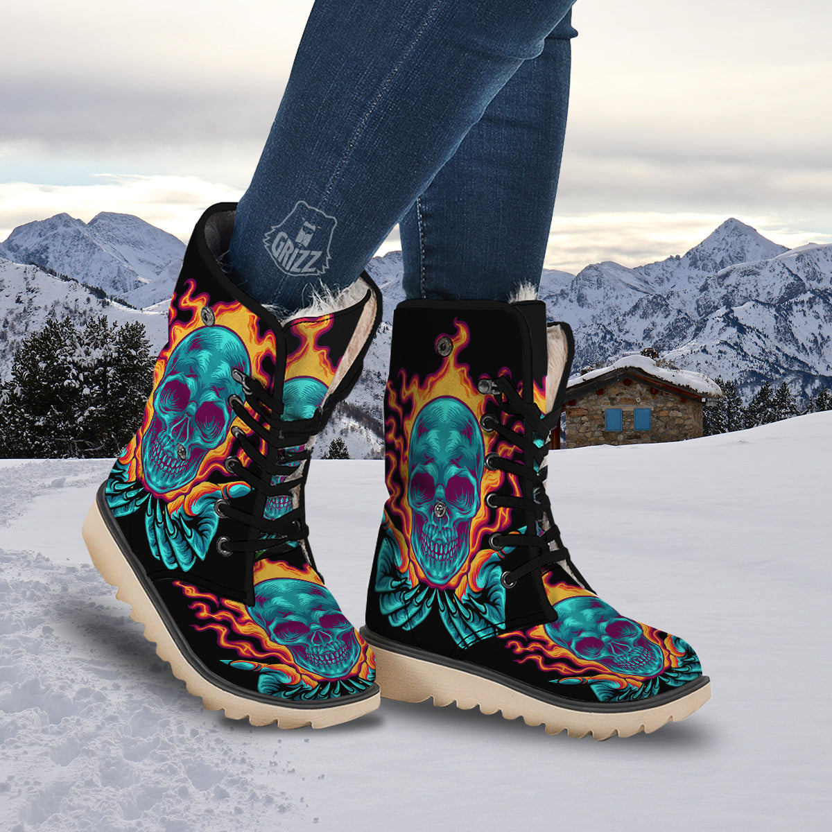 Skull Burning Print Snow Boots-grizzshop