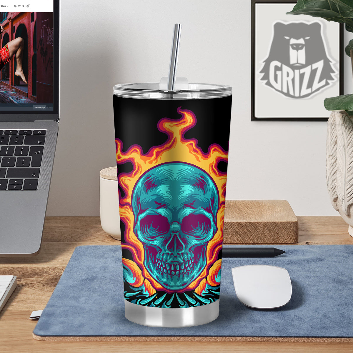 Skull Burning Print Tumbler-grizzshop
