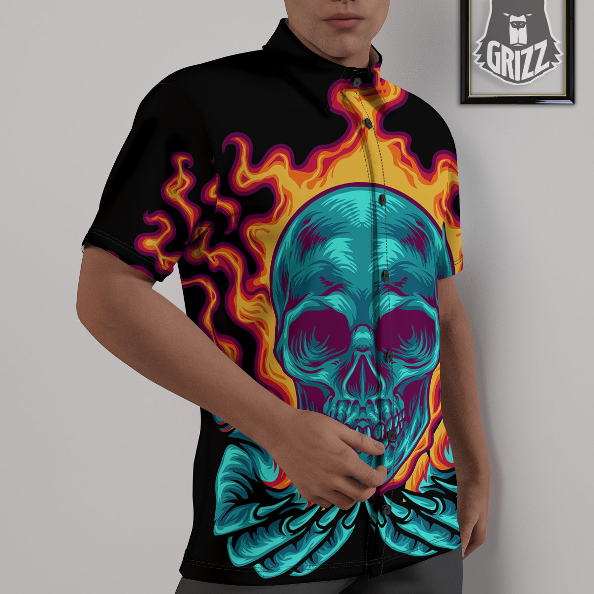 Skull Burning Print Untucked Shirts-grizzshop