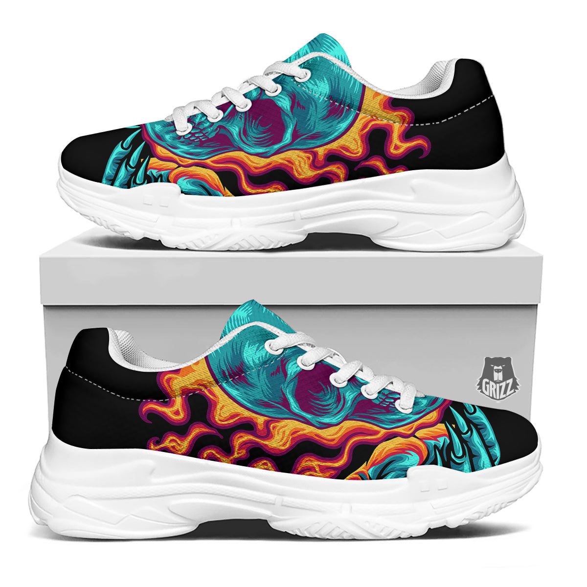Skull Burning Print White Chunky Shoes-grizzshop