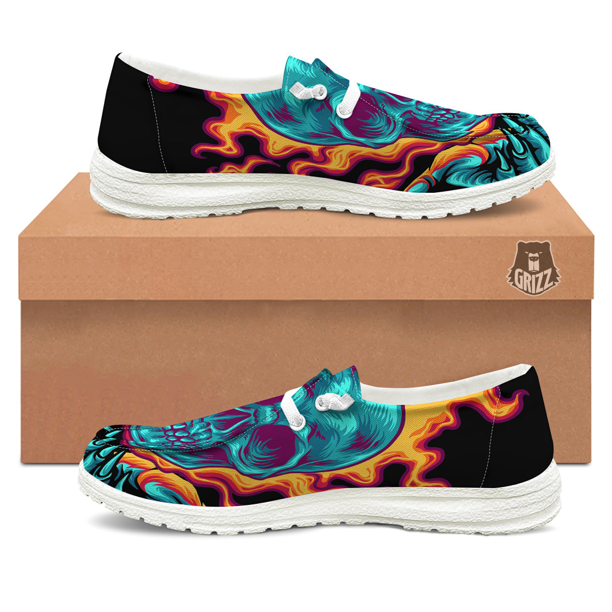 Skull Burning Print White Loafers-grizzshop