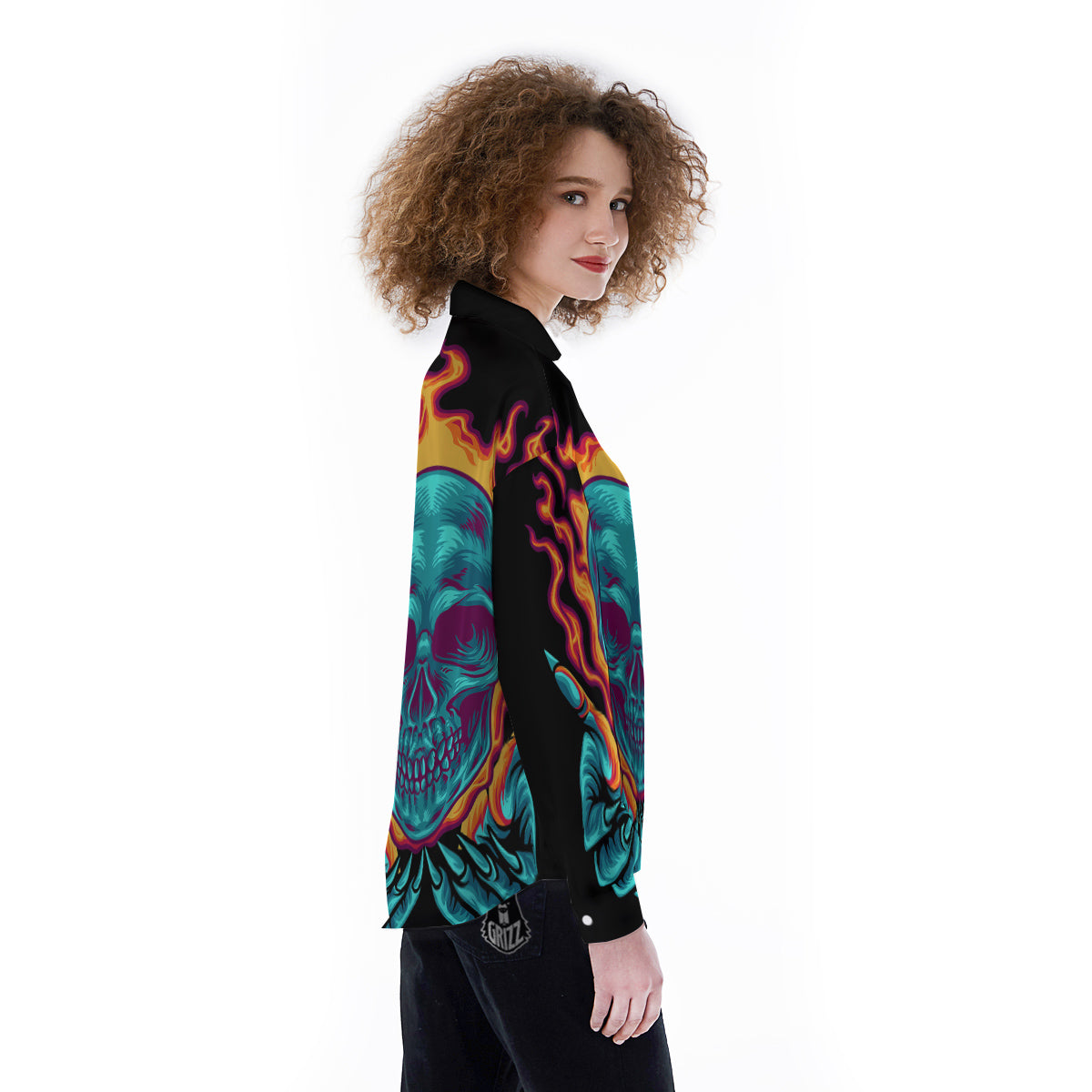 Skull Burning Print Women's Long Sleeve Shirts-grizzshop