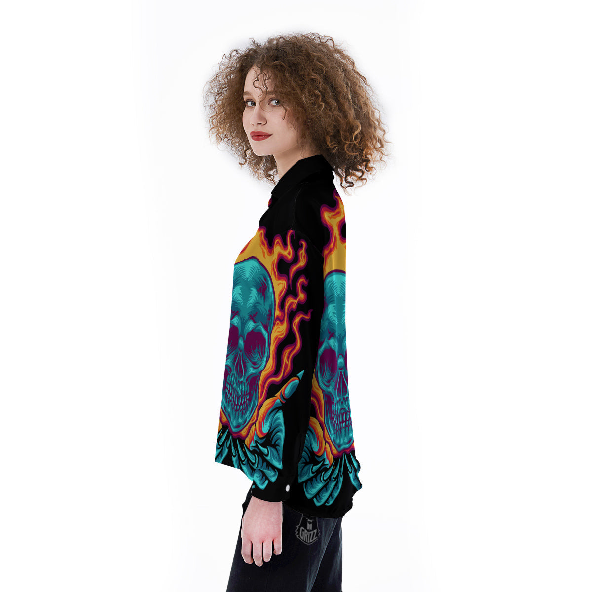 Skull Burning Print Women's Long Sleeve Shirts-grizzshop