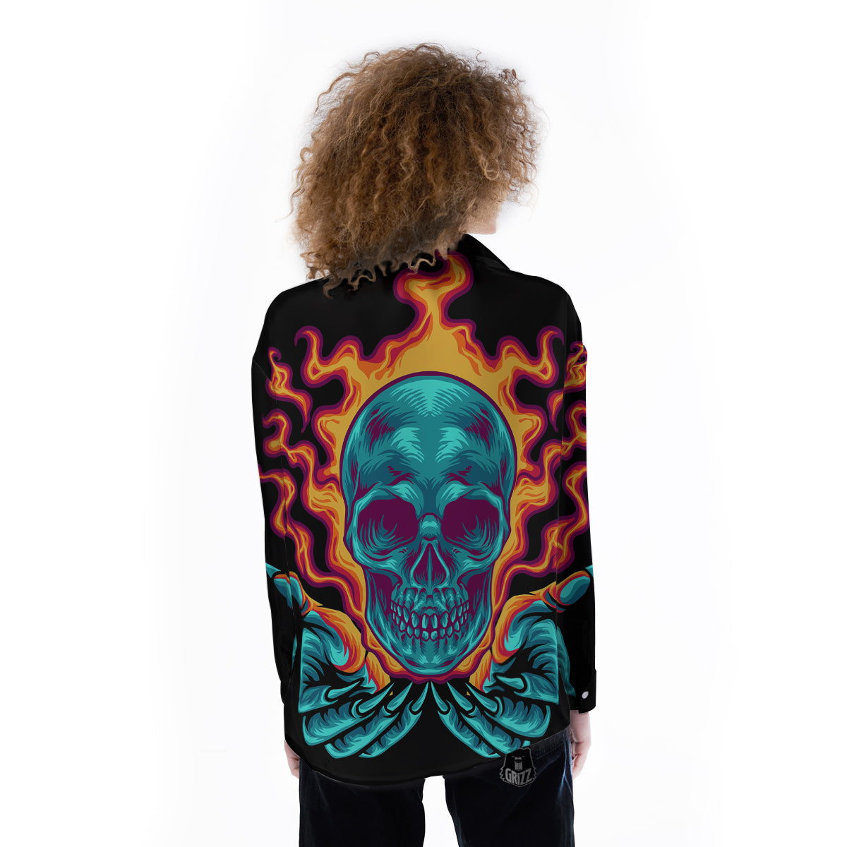 Skull Burning Print Women's Long Sleeve Shirts-grizzshop