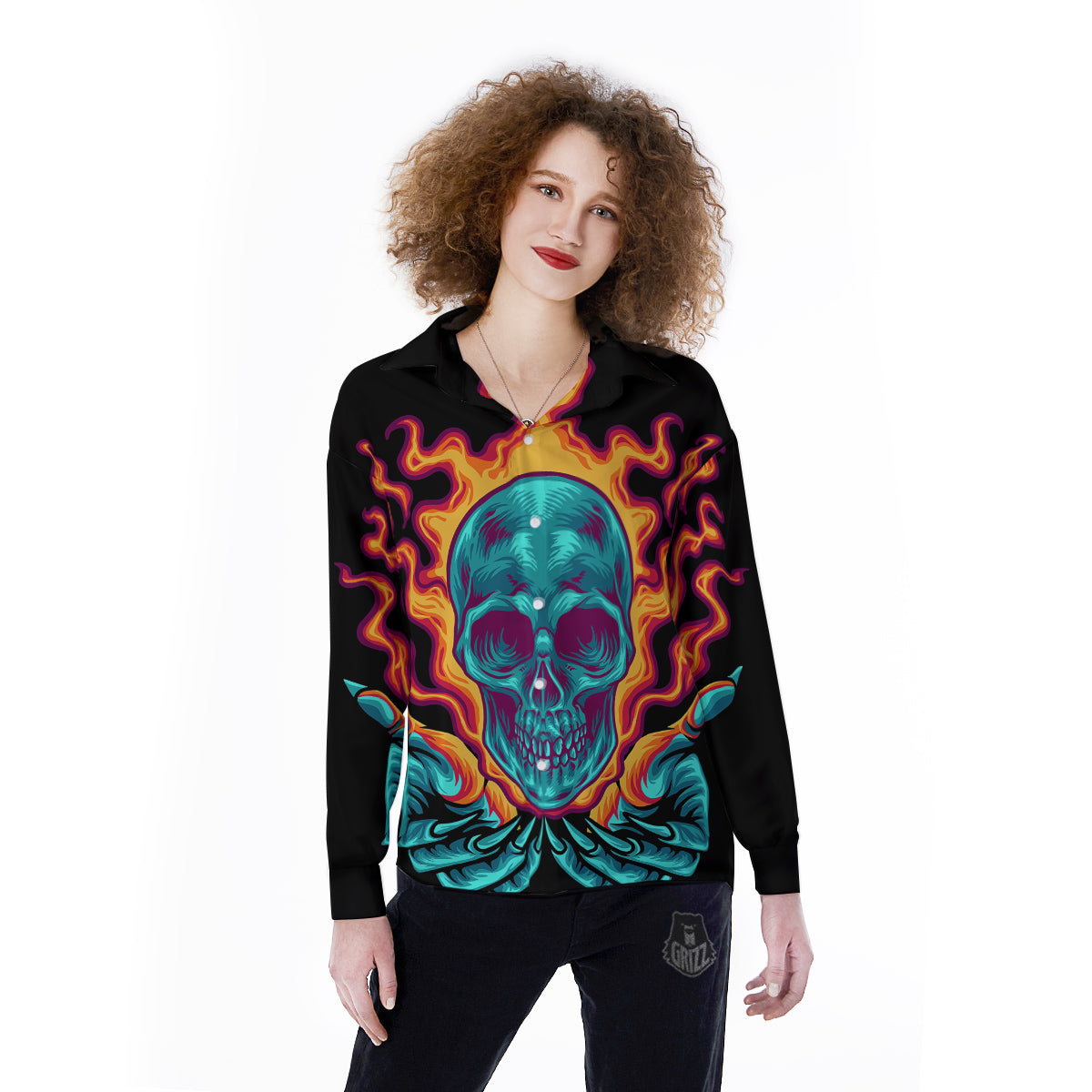 Skull Burning Print Women's Long Sleeve Shirts-grizzshop