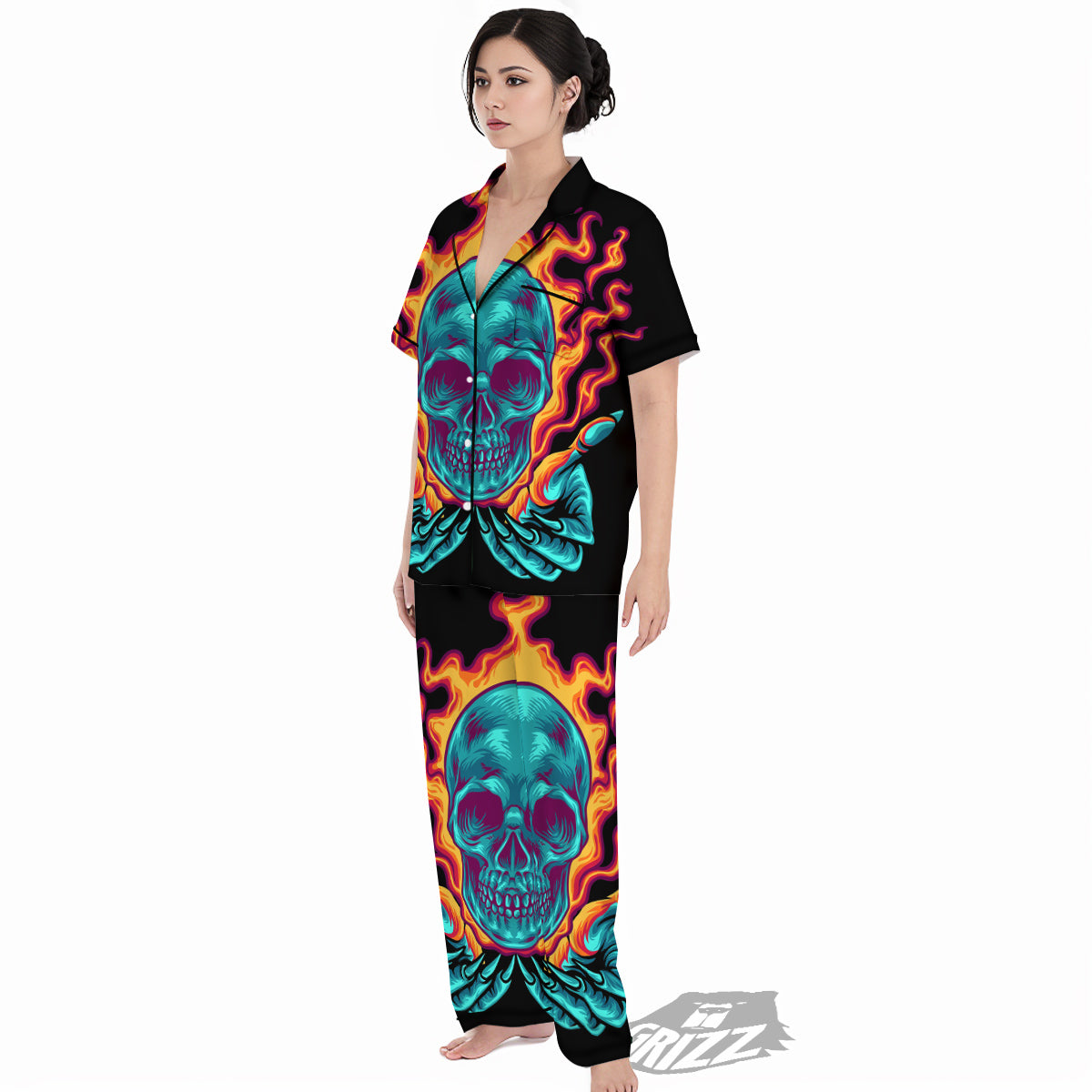 Skull Burning Print Women's Pajamas Set-grizzshop