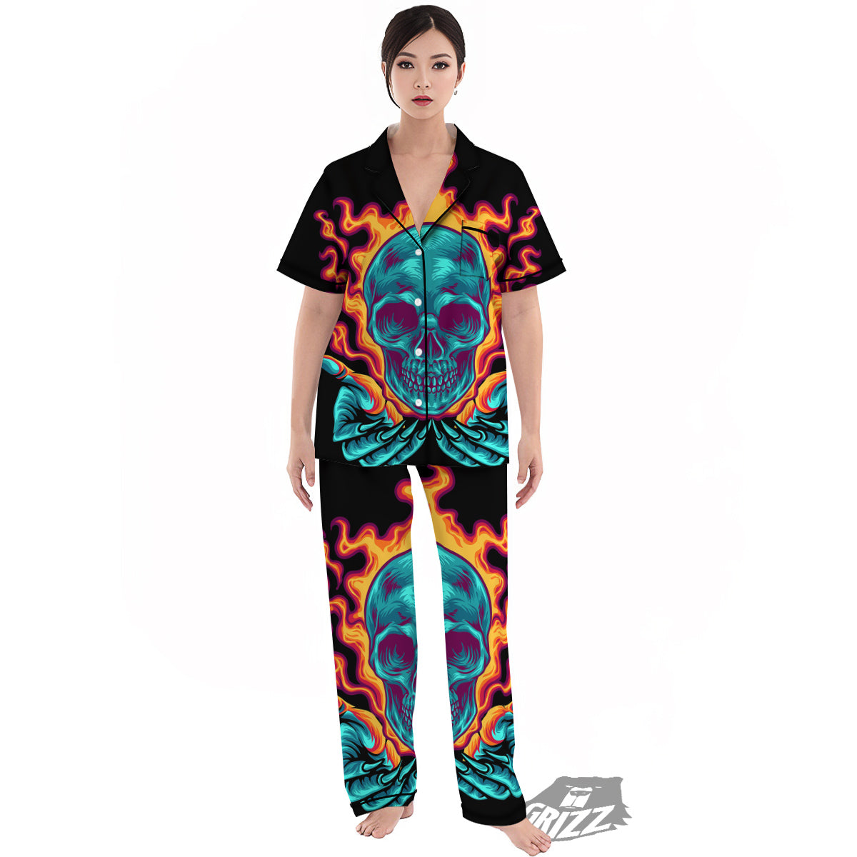 Skull Burning Print Women's Pajamas Set-grizzshop