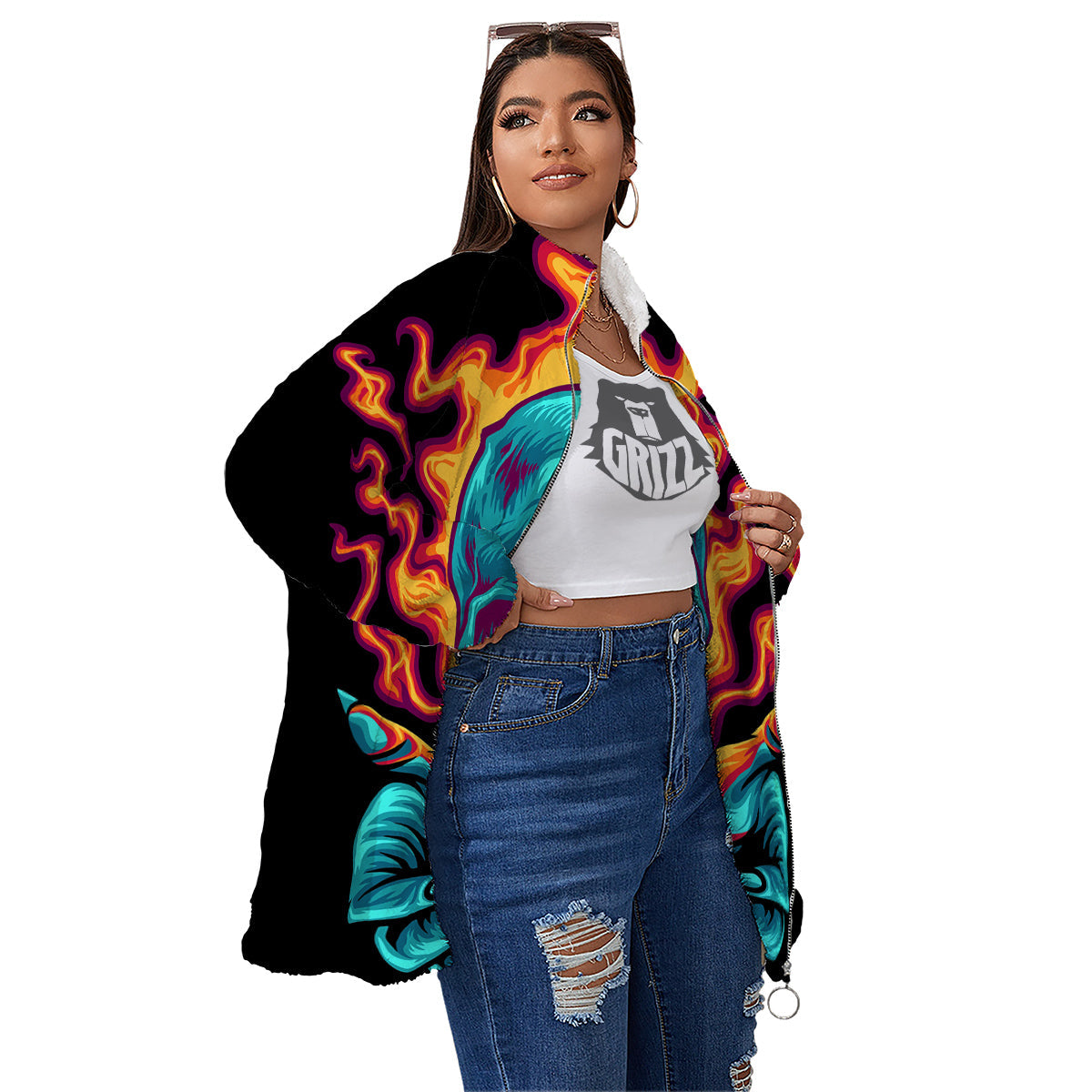 Skull Burning Print Women's Sherpa Jacket-grizzshop