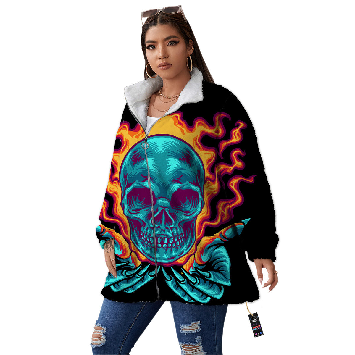 Skull Burning Print Women's Sherpa Jacket-grizzshop