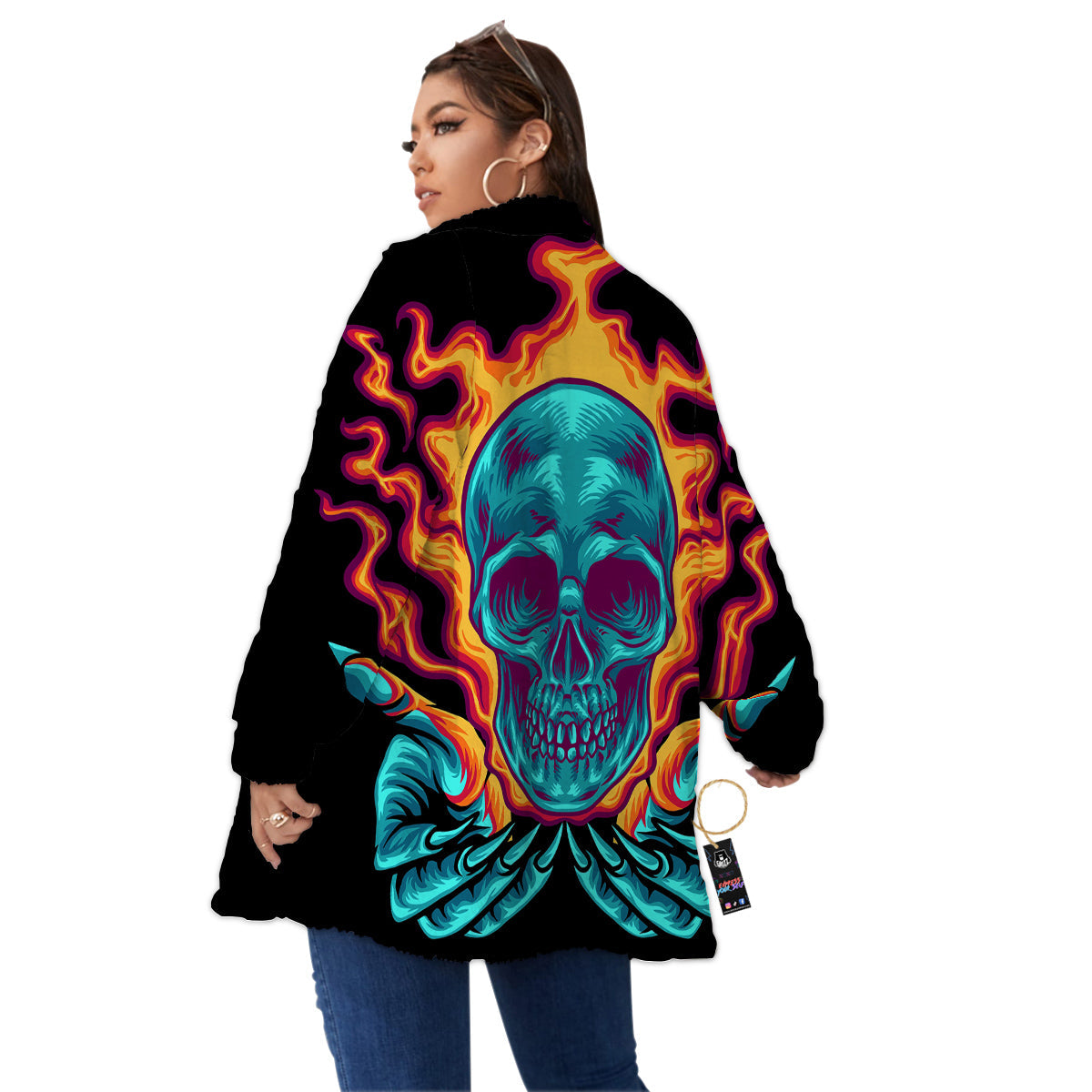 Skull Burning Print Women's Sherpa Jacket-grizzshop