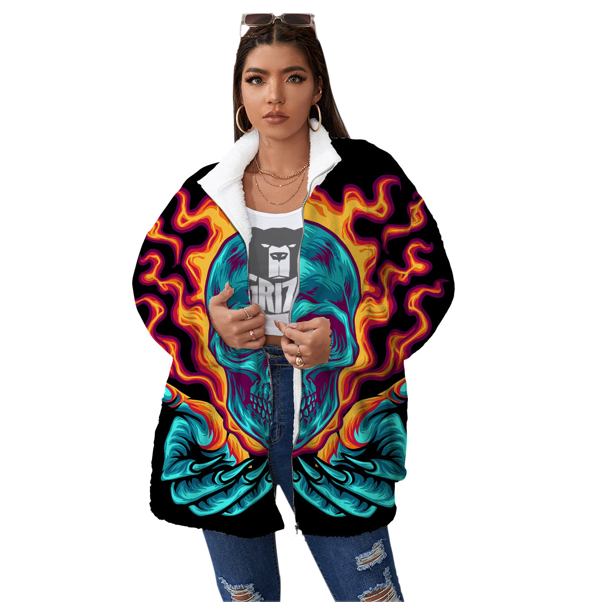 Skull Burning Print Women's Sherpa Jacket-grizzshop