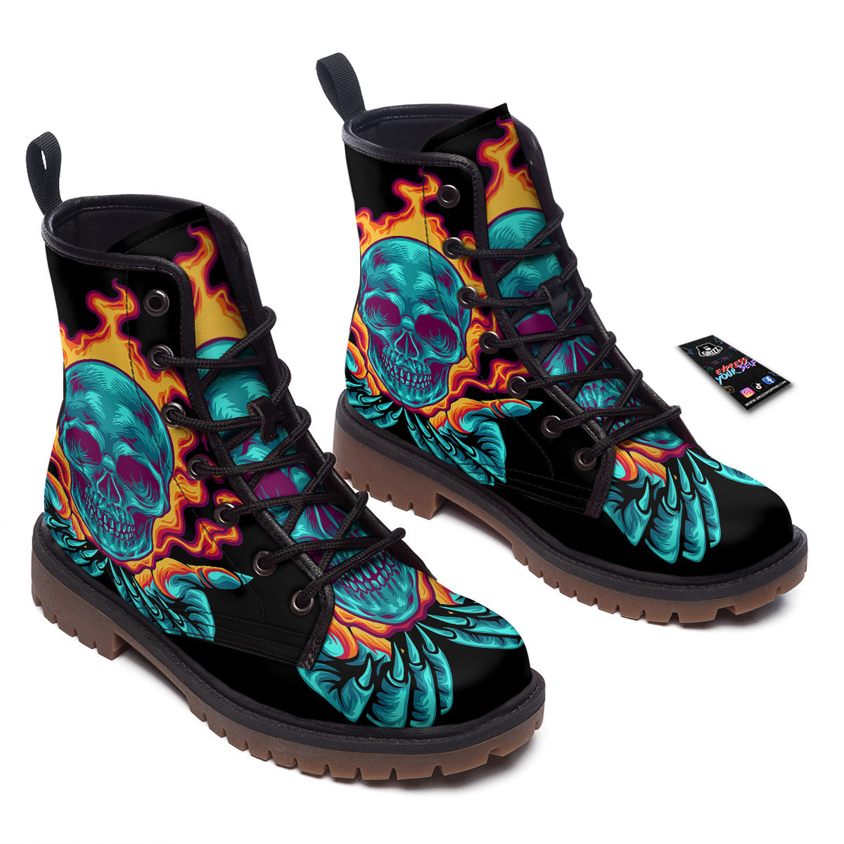 Skull Burning Print Work Boots-grizzshop