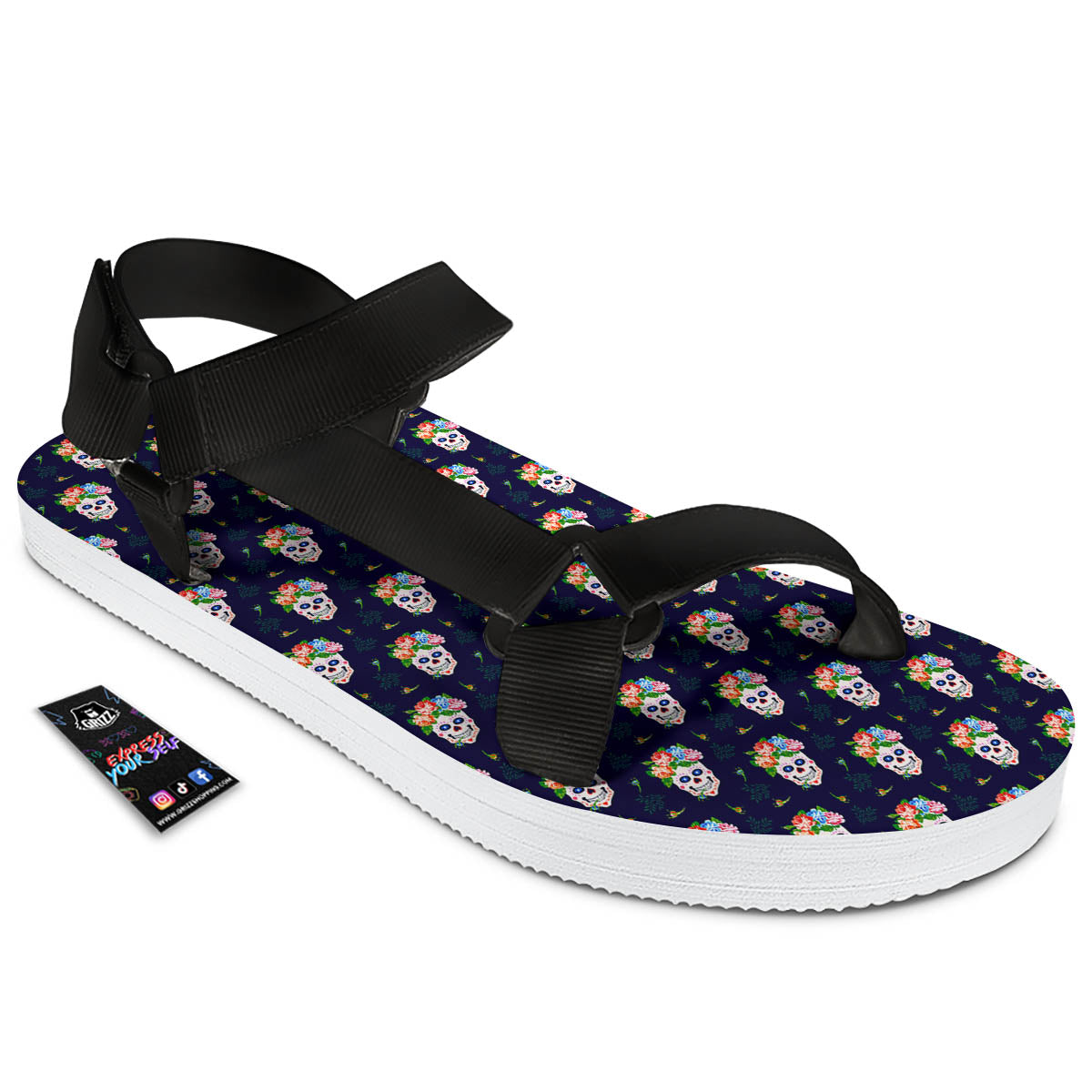 Skull Calavera Girl Print Pattern Black Open Toe Sandals-grizzshop