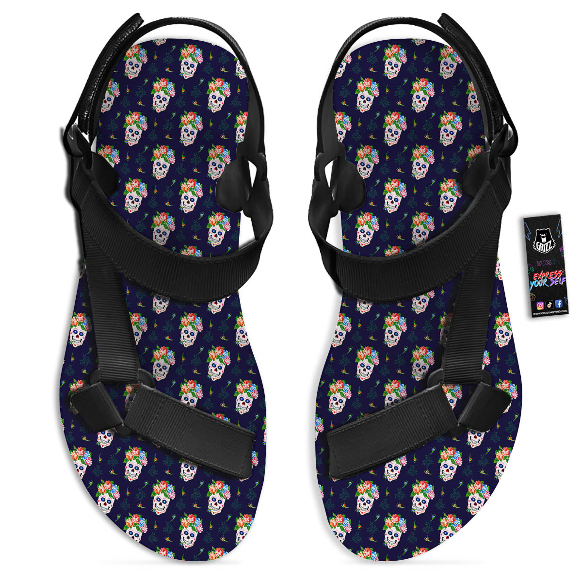 Skull Calavera Girl Print Pattern Black Open Toe Sandals-grizzshop