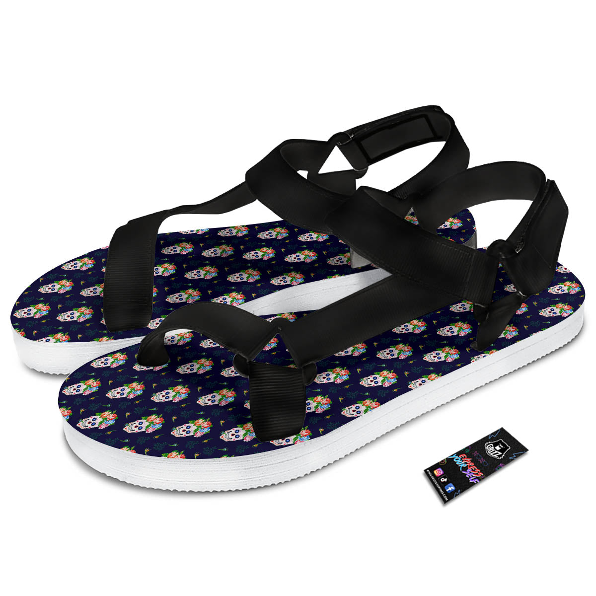 Skull Calavera Girl Print Pattern Black Open Toe Sandals-grizzshop