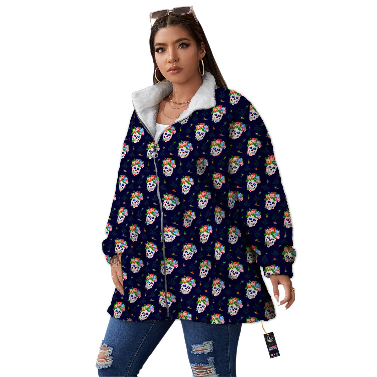 Skull Calavera Girl Print Pattern Women's Sherpa Jacket-grizzshop
