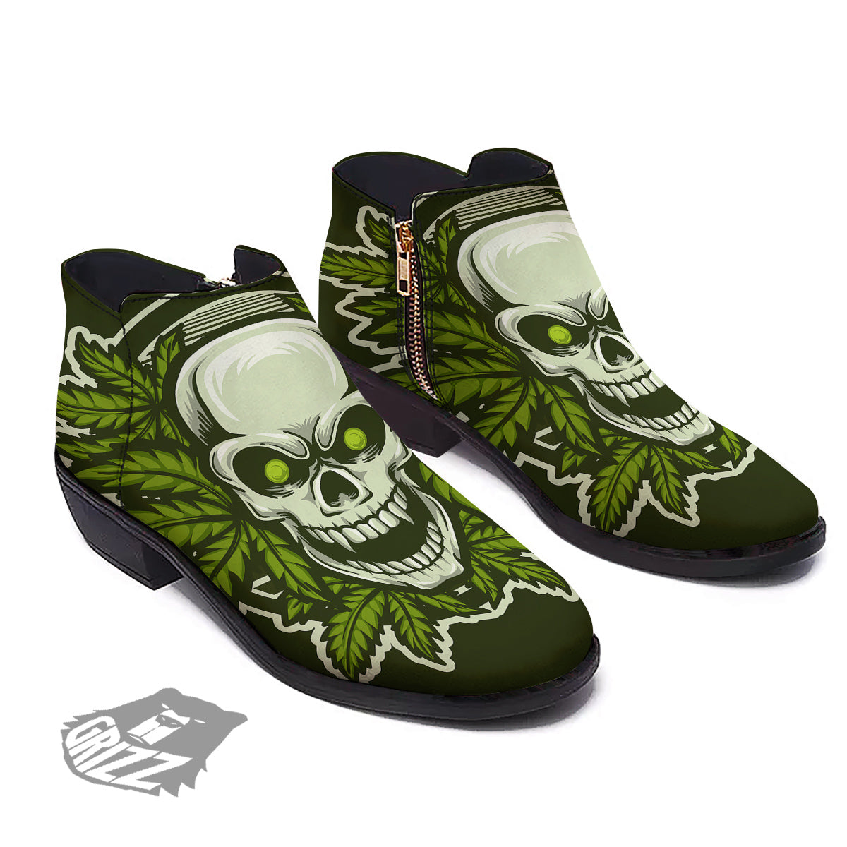 Skull Cannabis Print Ankle Boots-grizzshop