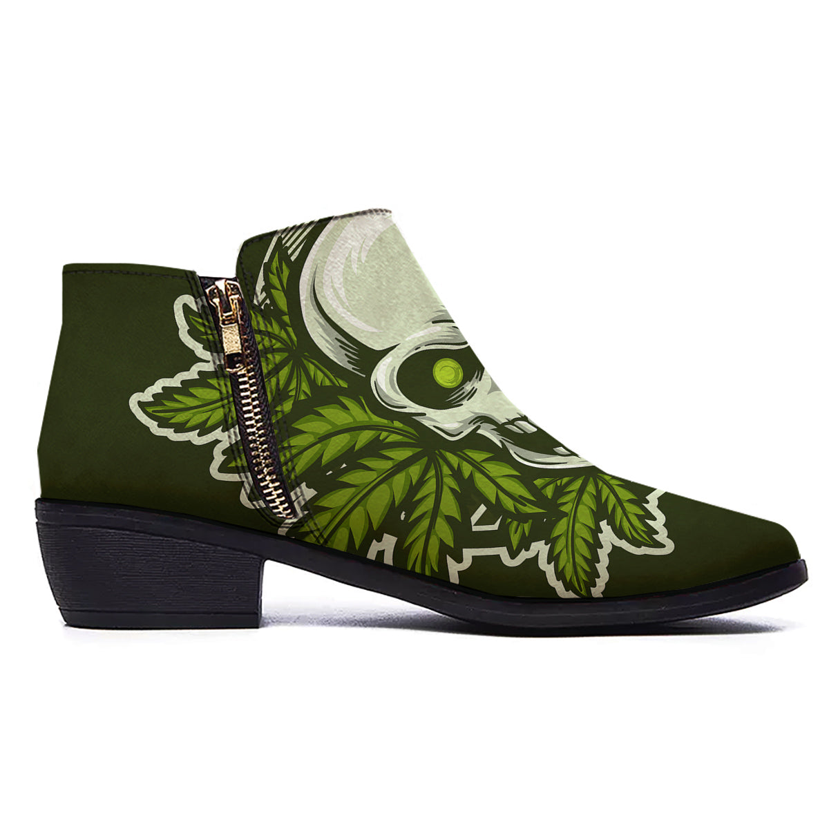 Skull Cannabis Print Ankle Boots-grizzshop