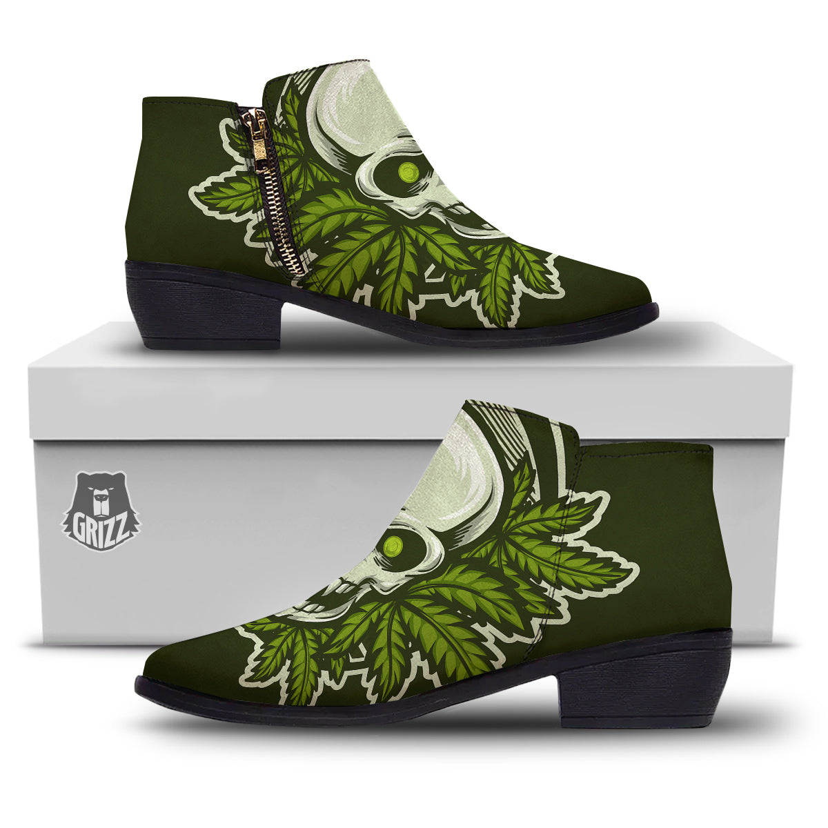 Skull Cannabis Print Ankle Boots-grizzshop