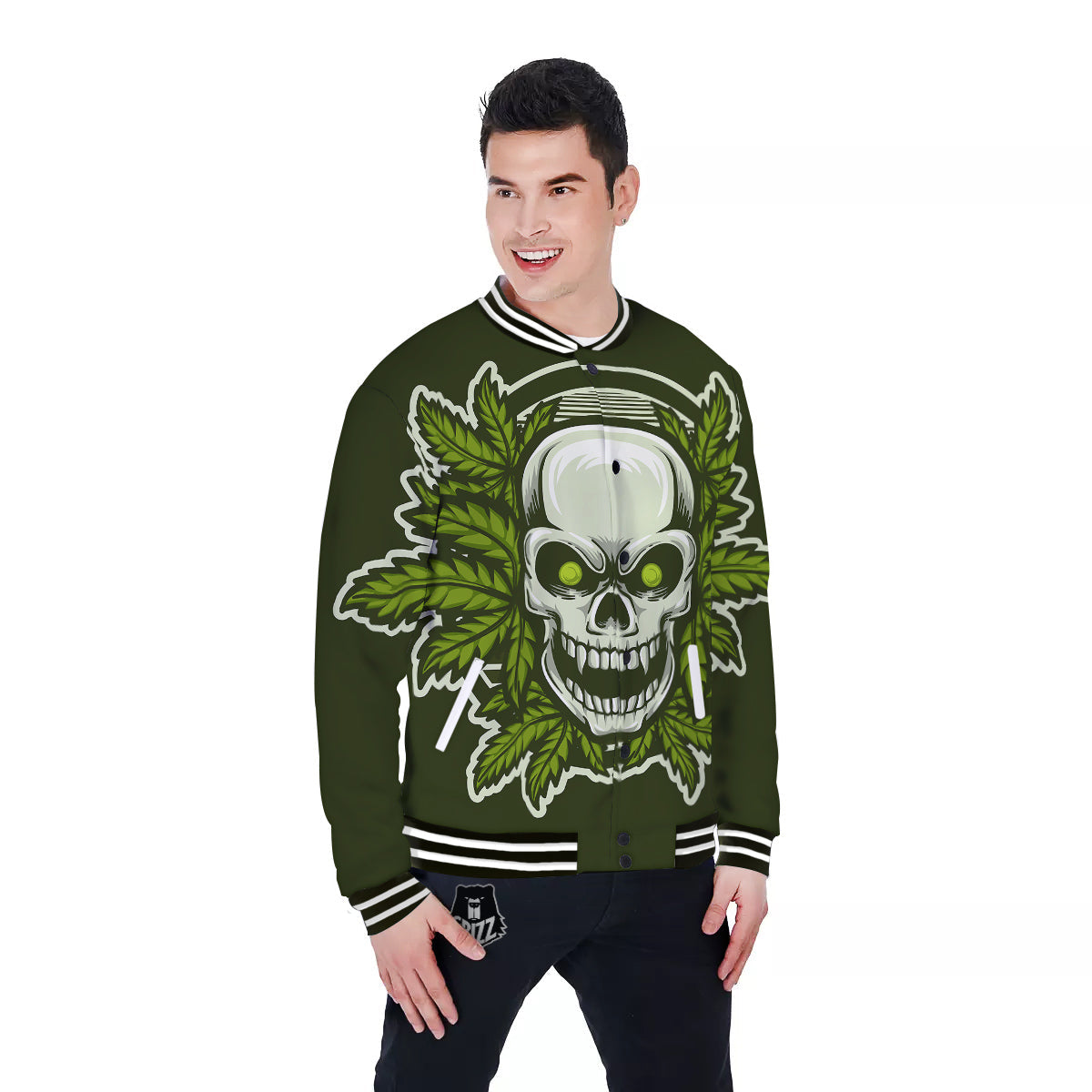 Skull Cannabis Print Baseball Jacket-grizzshop