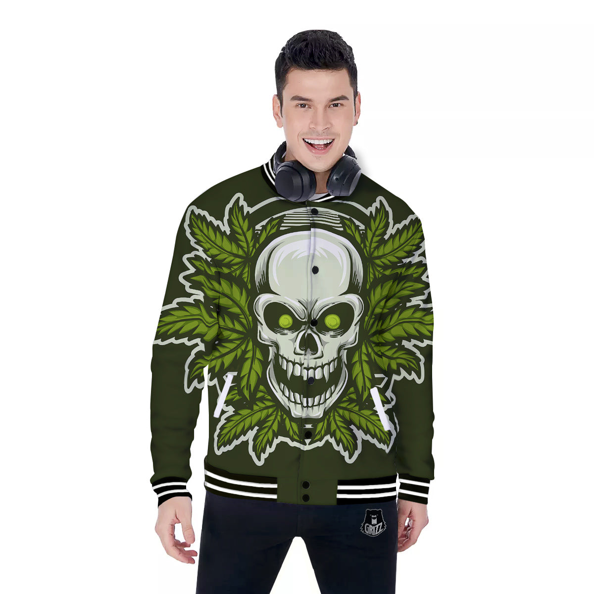 Skull Cannabis Print Baseball Jacket-grizzshop