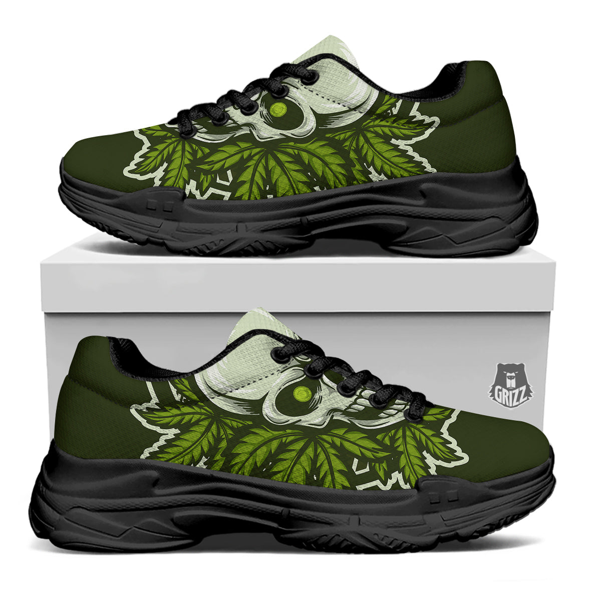 Skull Cannabis Print Black Chunky Shoes-grizzshop