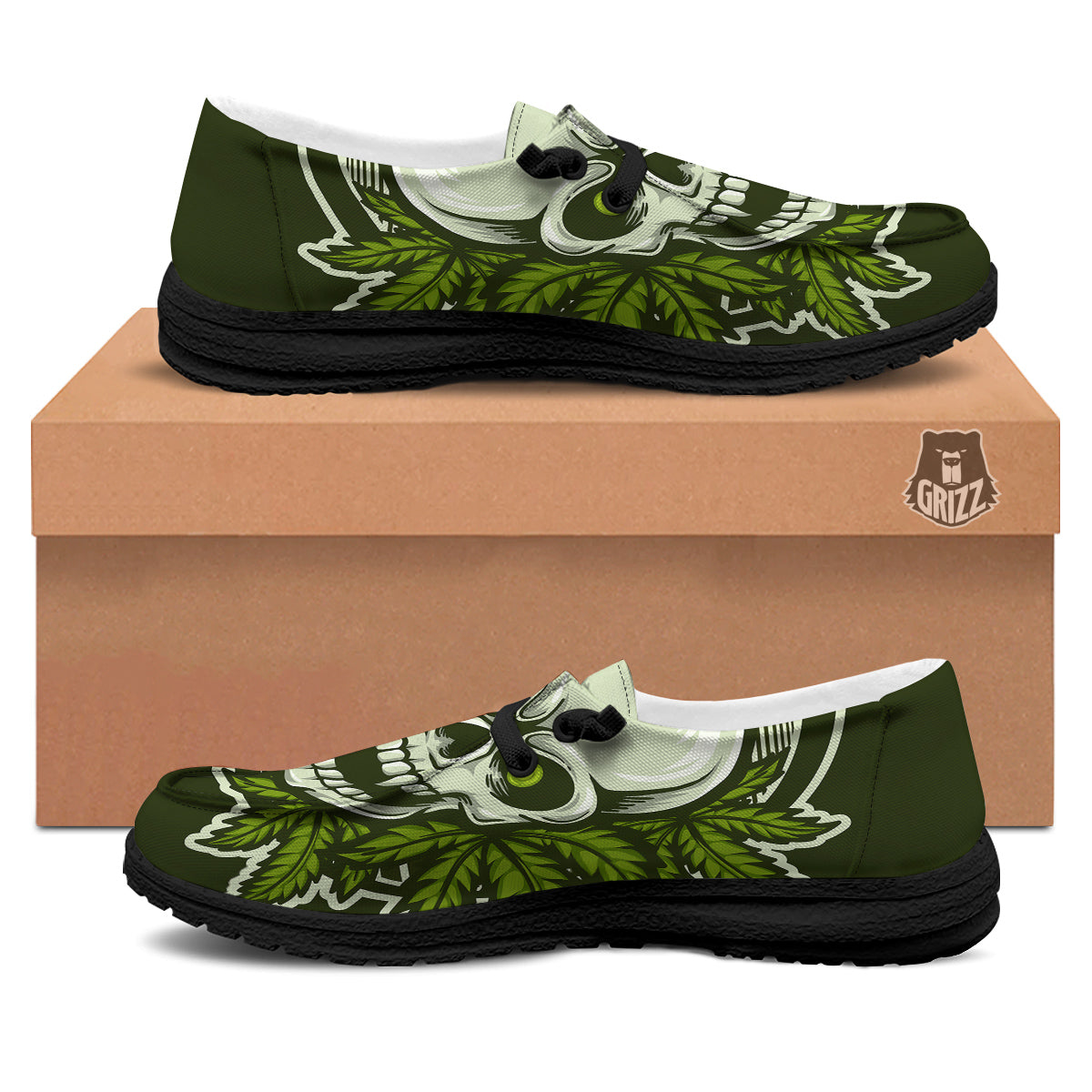 Skull Cannabis Print Black Loafers-grizzshop
