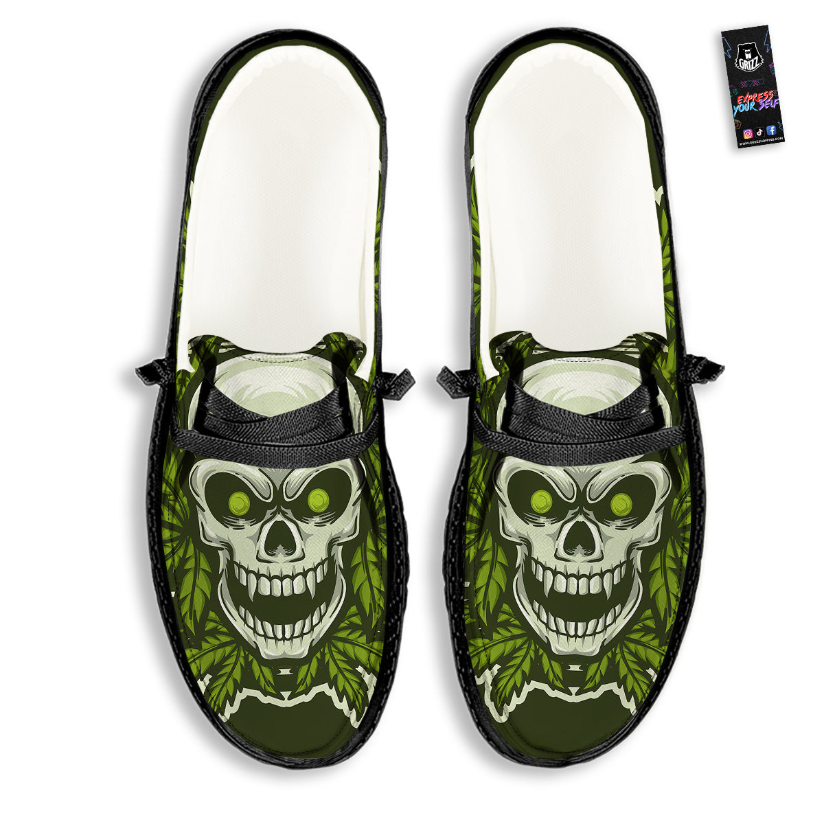 Skull Cannabis Print Black Loafers-grizzshop