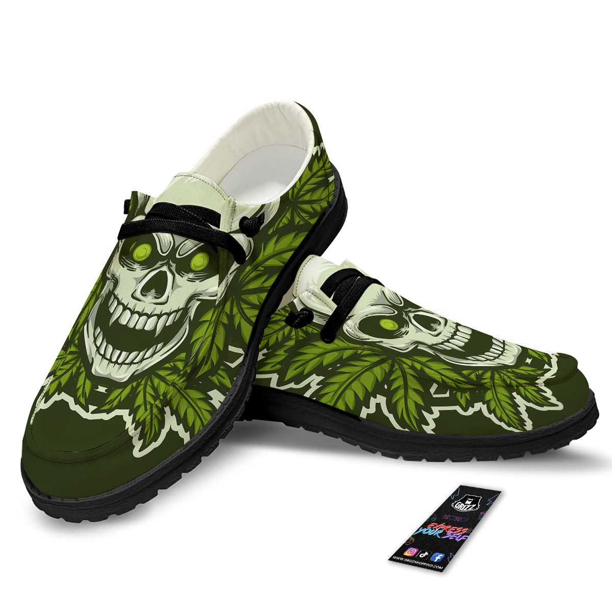 Skull Cannabis Print Black Loafers-grizzshop