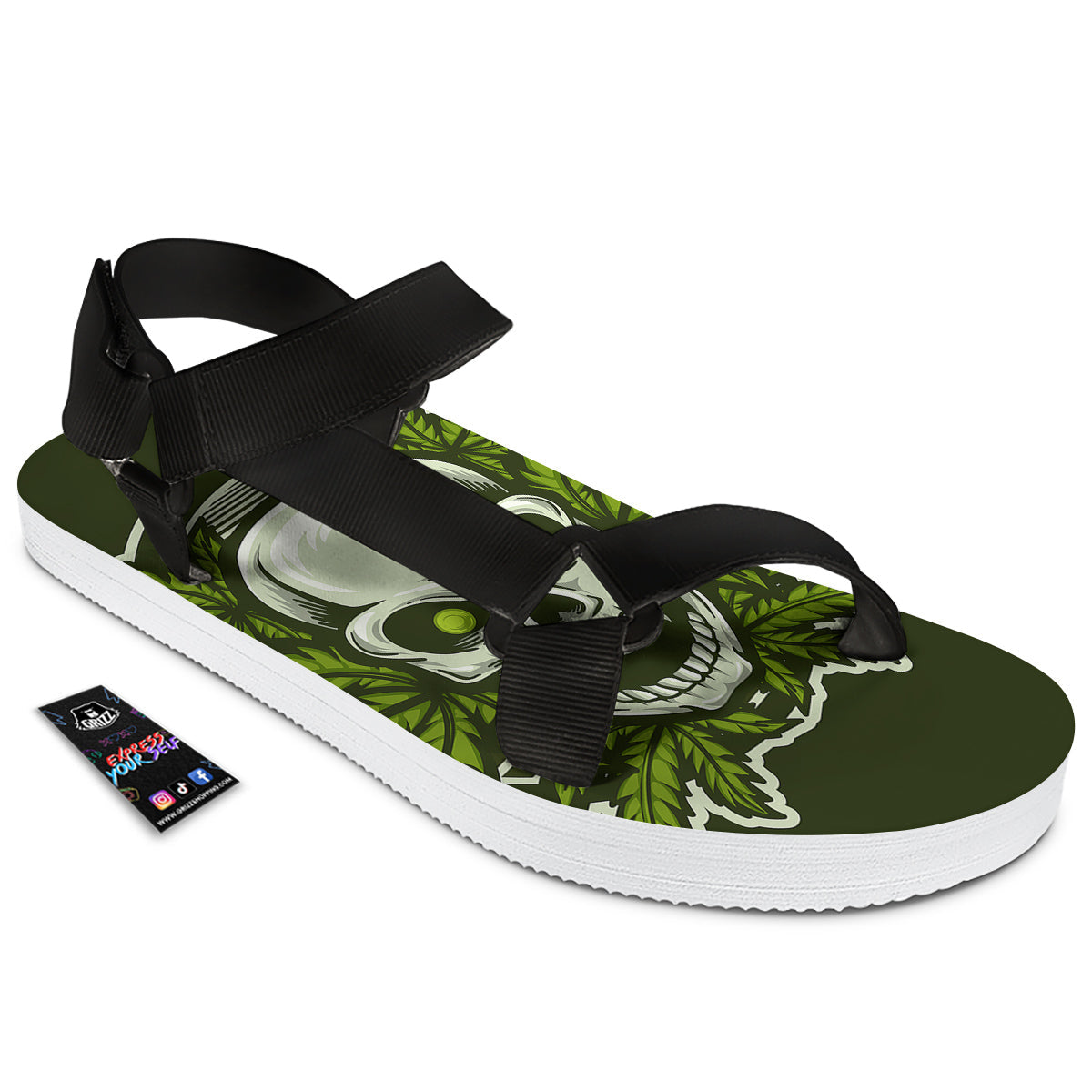 Skull Cannabis Print Black Open Toe Sandals-grizzshop