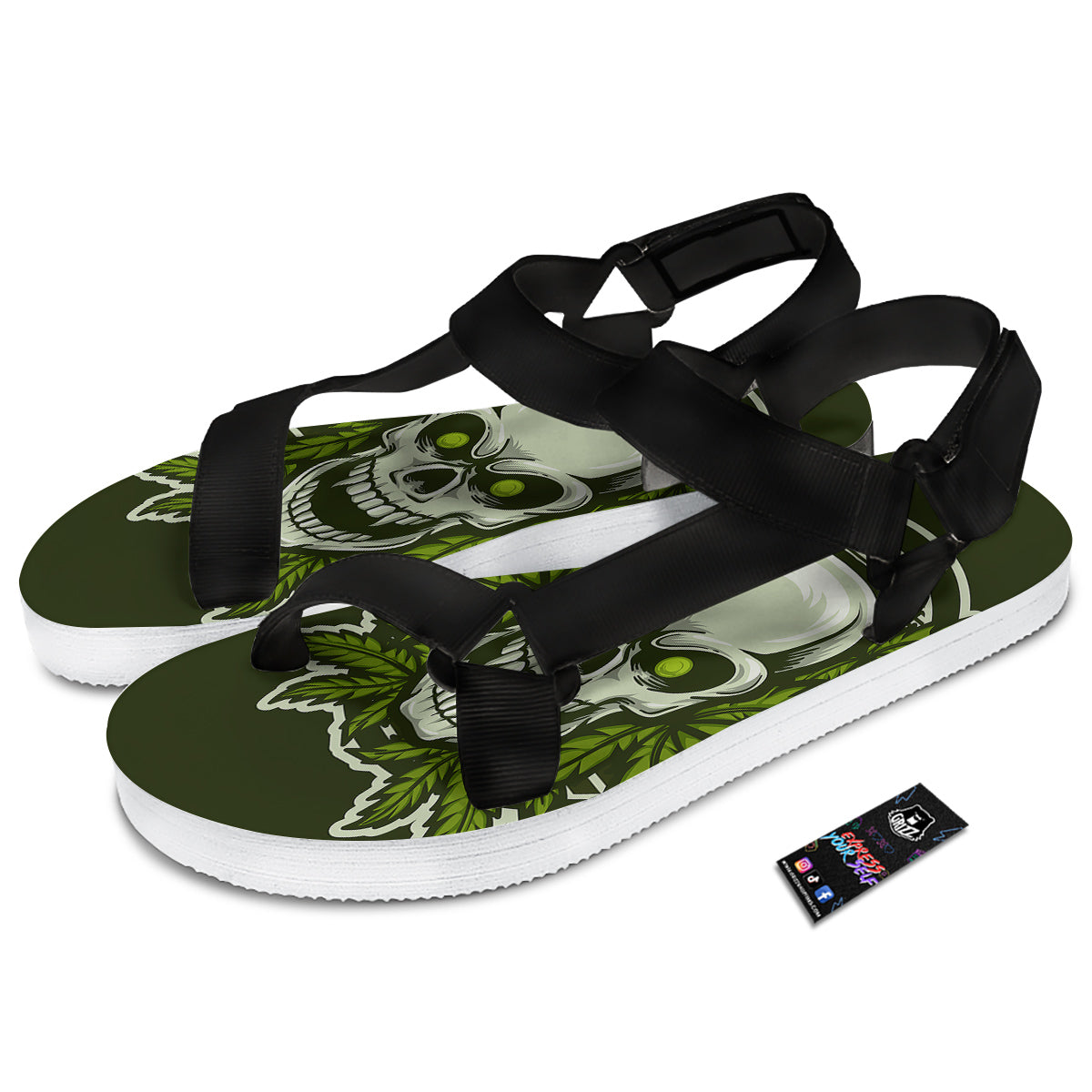 Skull Cannabis Print Black Open Toe Sandals-grizzshop