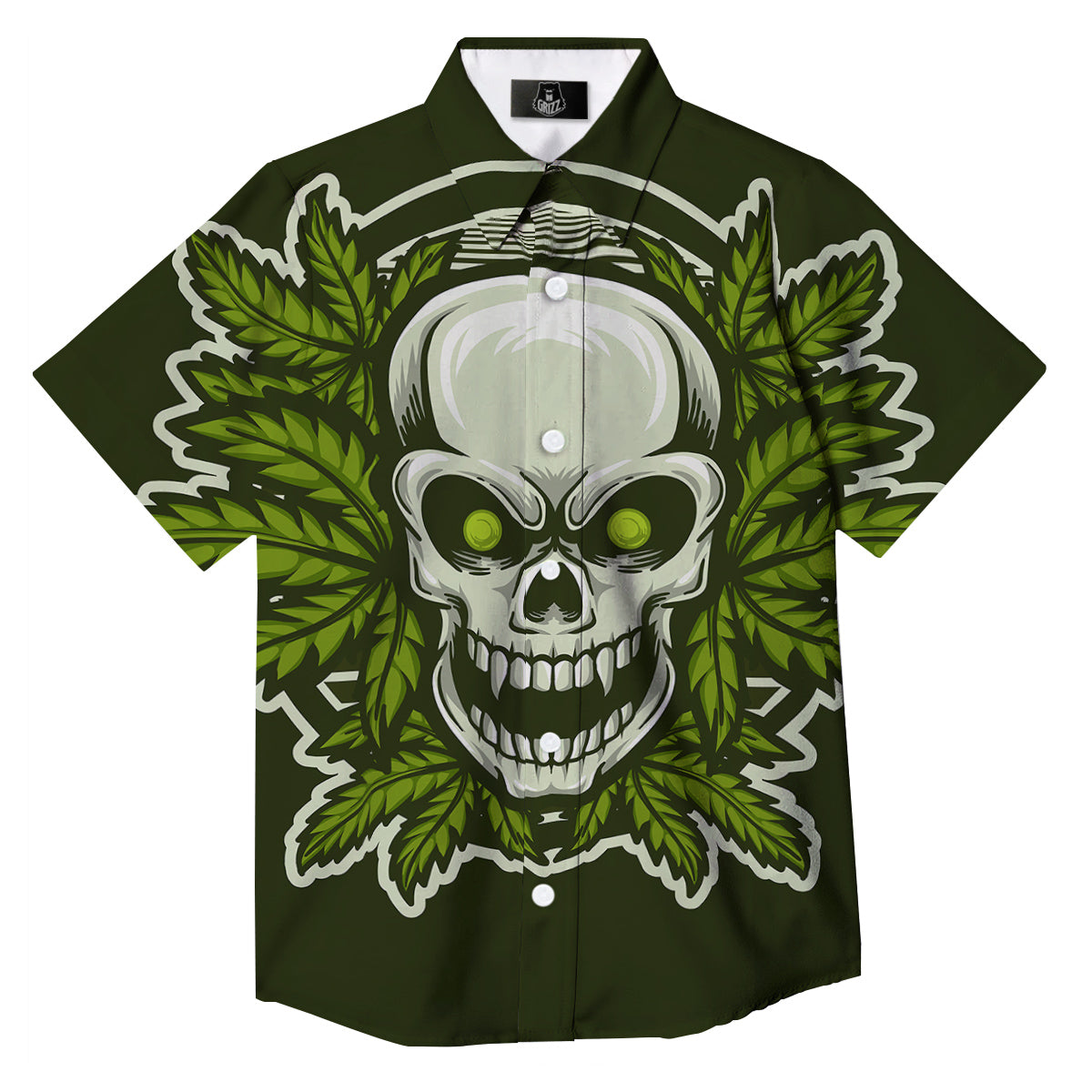 Skull Cannabis Print Button Up Shirt-grizzshop