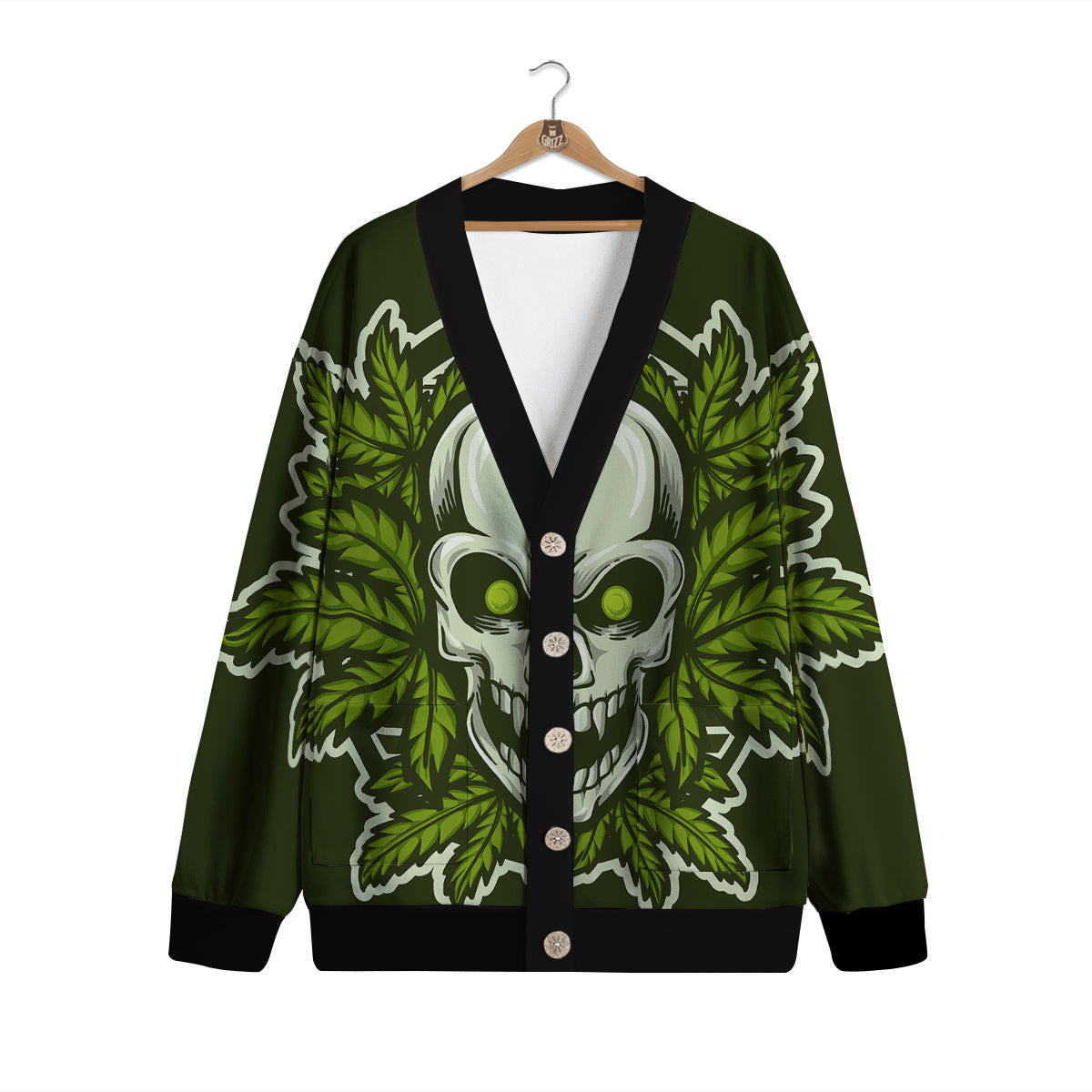 Skull Cannabis Print Cardigan-grizzshop