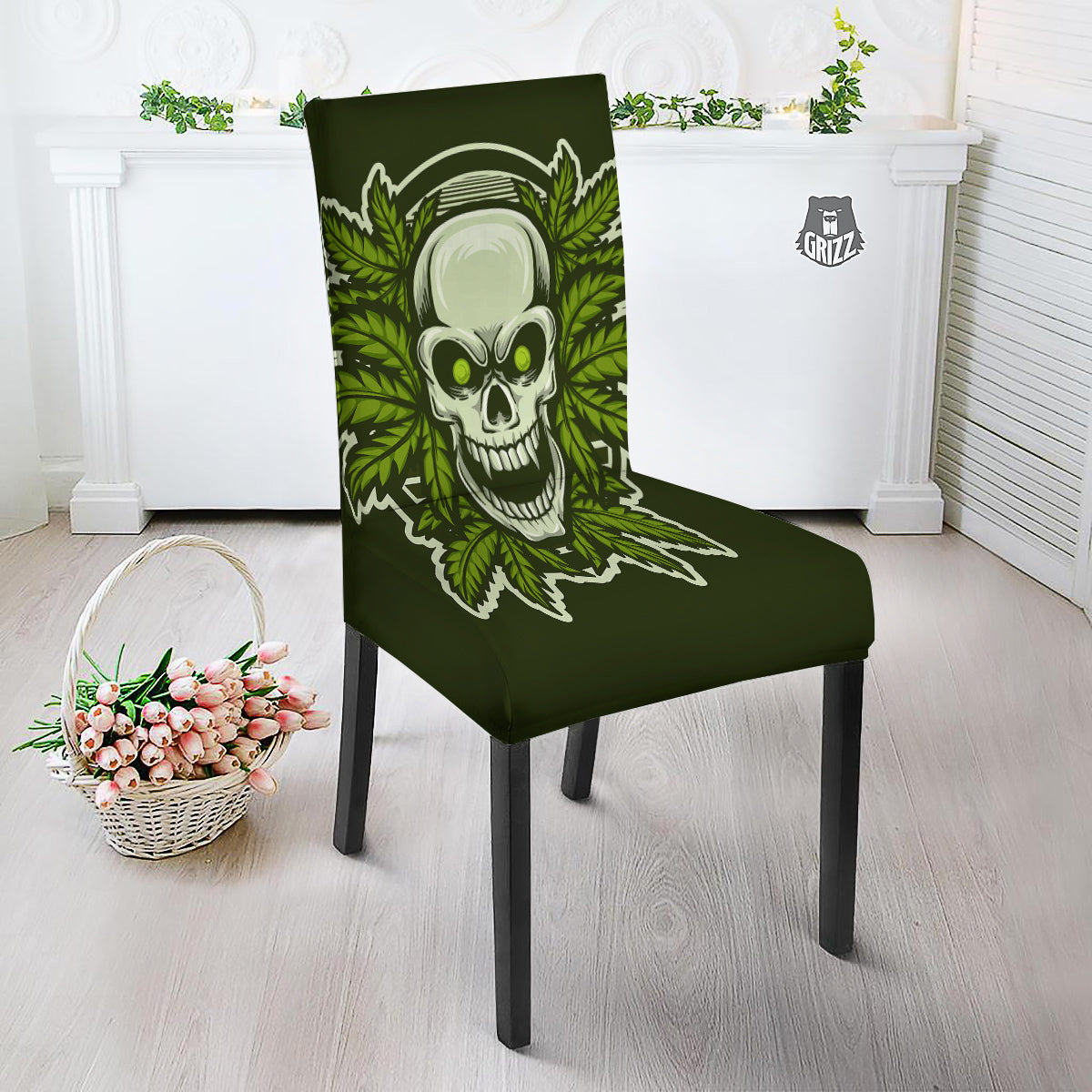Skull Cannabis Print Dining Chair Slipcover-grizzshop
