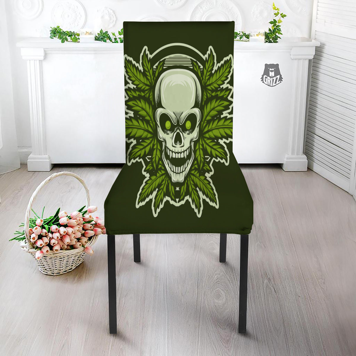 Skull Cannabis Print Dining Chair Slipcover-grizzshop
