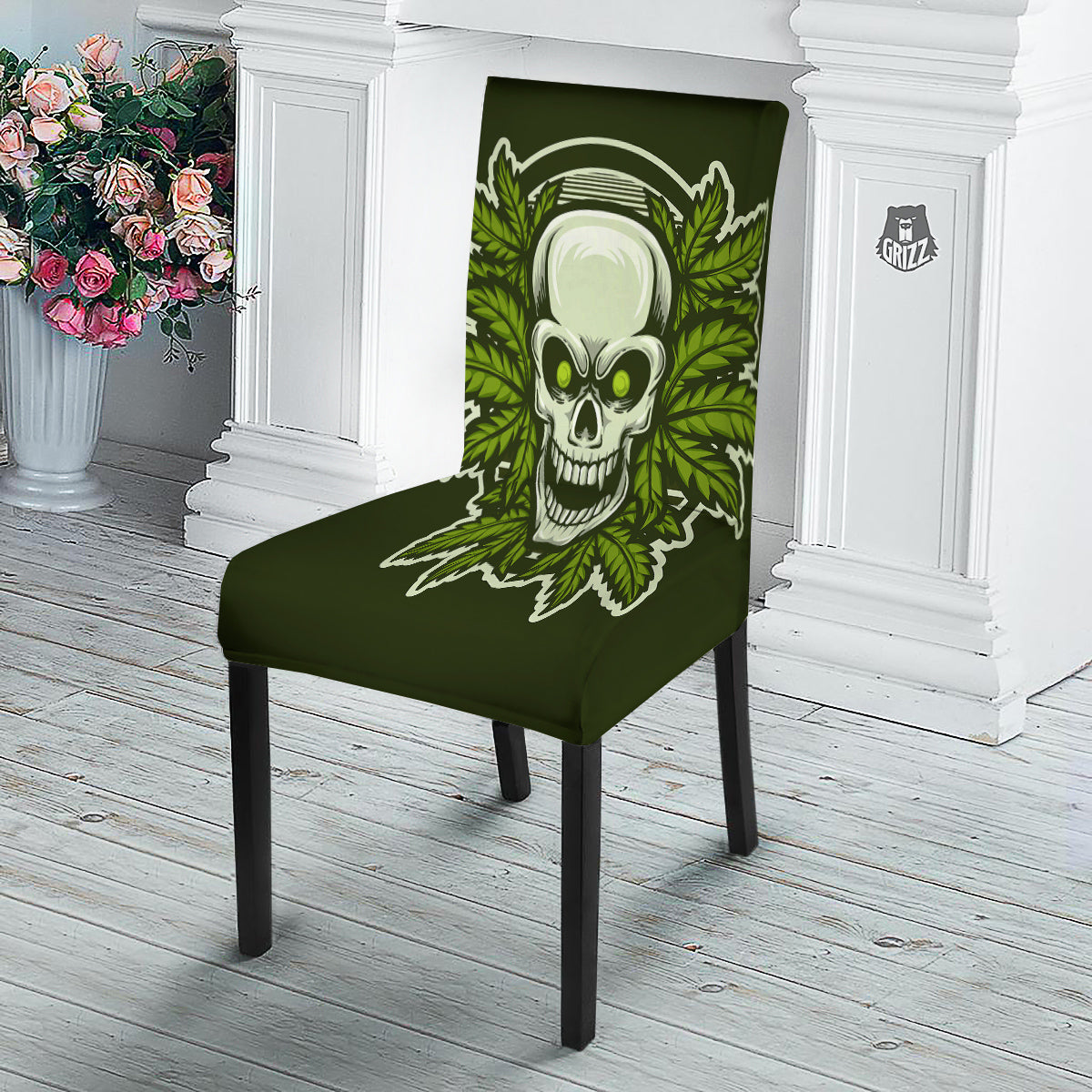 Skull Cannabis Print Dining Chair Slipcover-grizzshop