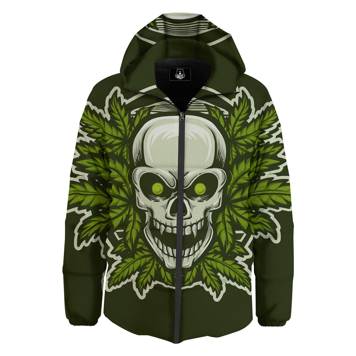 Skull Cannabis Print Down Jacket-grizzshop